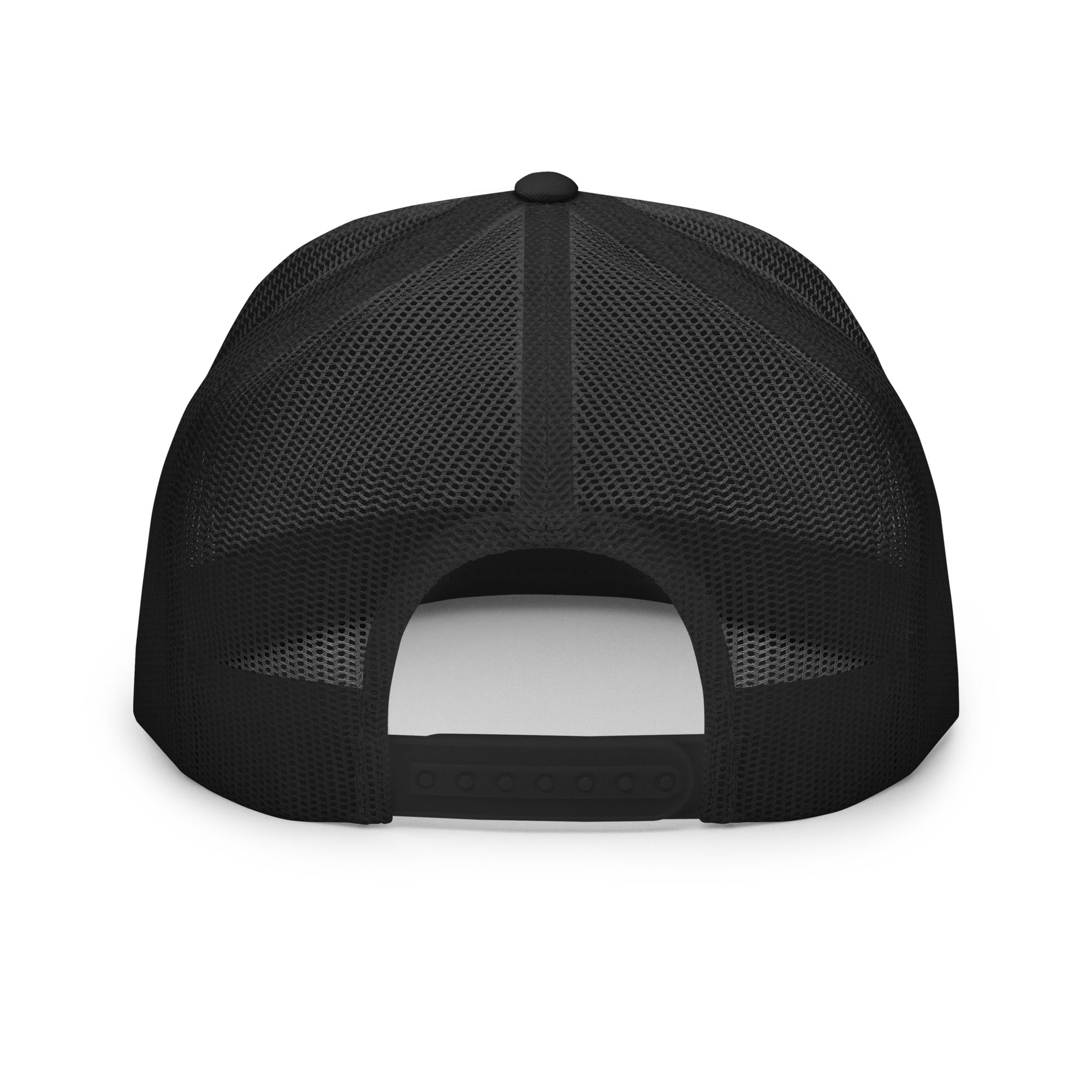 Foam trucker hat with mesh back with the text "Can I get a point by?" with a hand pointing to the left printed on int.