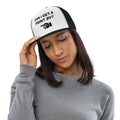 Foam trucker hat with mesh back with the text "Can I get a point by?" with a hand pointing to the left printed on int.