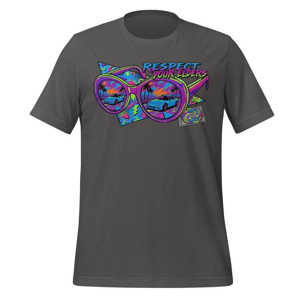 Tee shirt with sunglasses and a retro 1990s design featuring an FD sports car, and text that says "Respect your Elders"