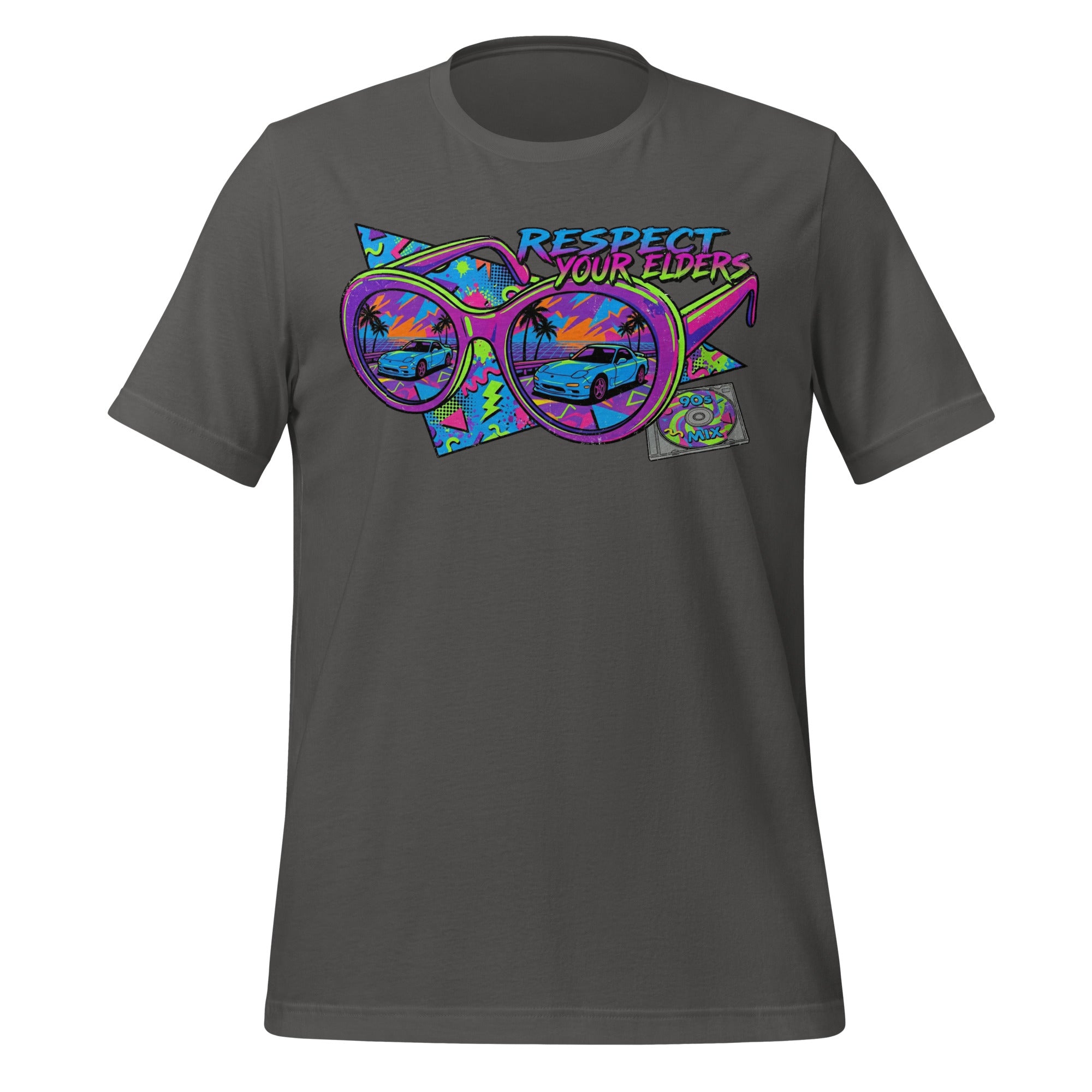 Tee shirt with sunglasses and a retro 1990s design featuring an FD sports car, and text that says "Respect your Elders"