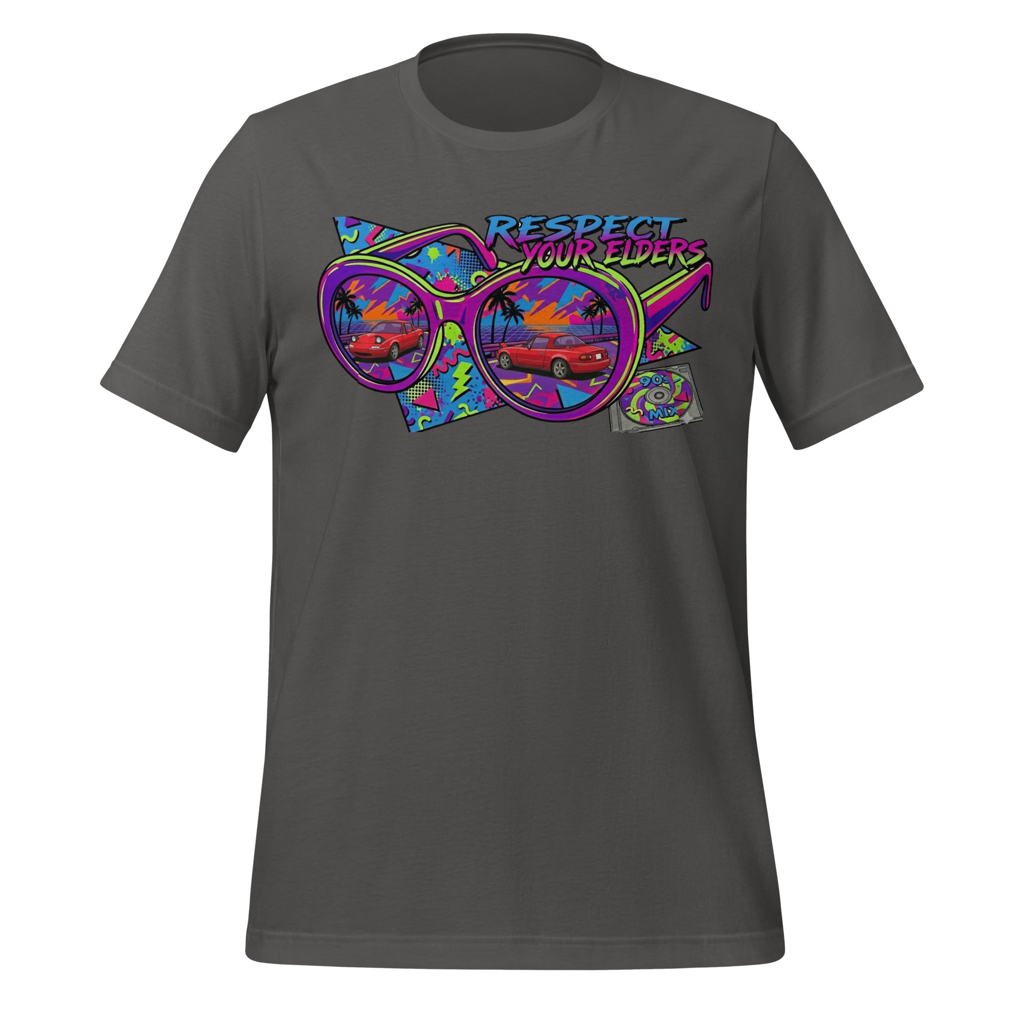 Tee shirt with a 1990s retro style featuring the NA convertible roadster with text saying "Respect your Elders"