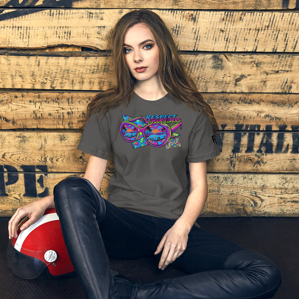 Tee shirt with sunglasses and a 1990s retro style with a MK4 Japanese sports coupe and text saying "Respect Your Elders"
