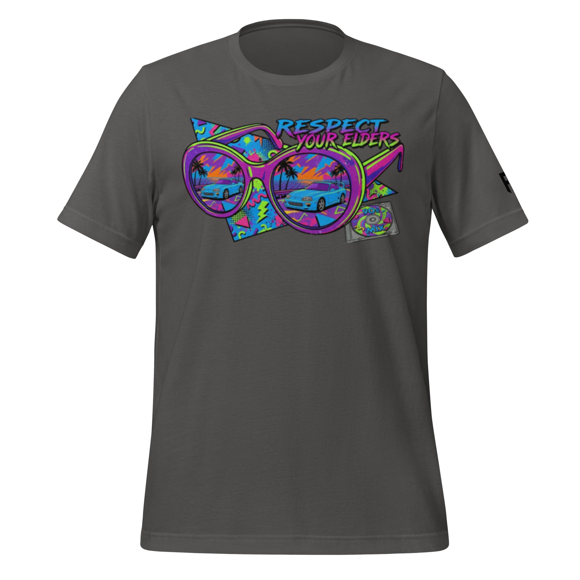 Tee shirt with sunglasses and a 1990s retro style with a MK4 Japanese sports coupe and text saying "Respect Your Elders"