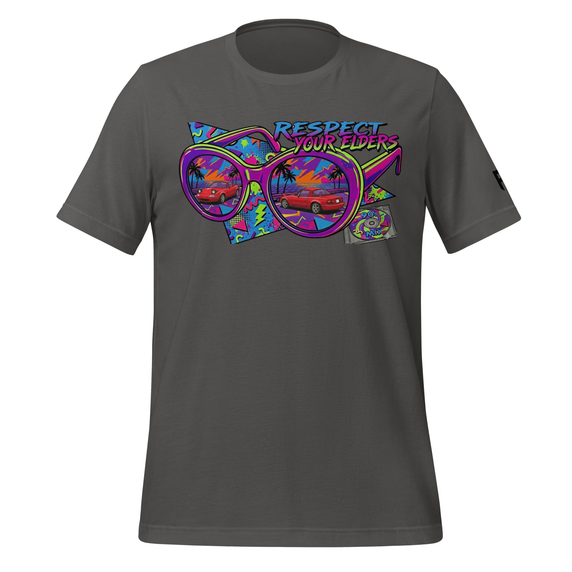 Tee shirt with a 1990s retro style featuring the NA convertible roadster with text saying "Respect your Elders"