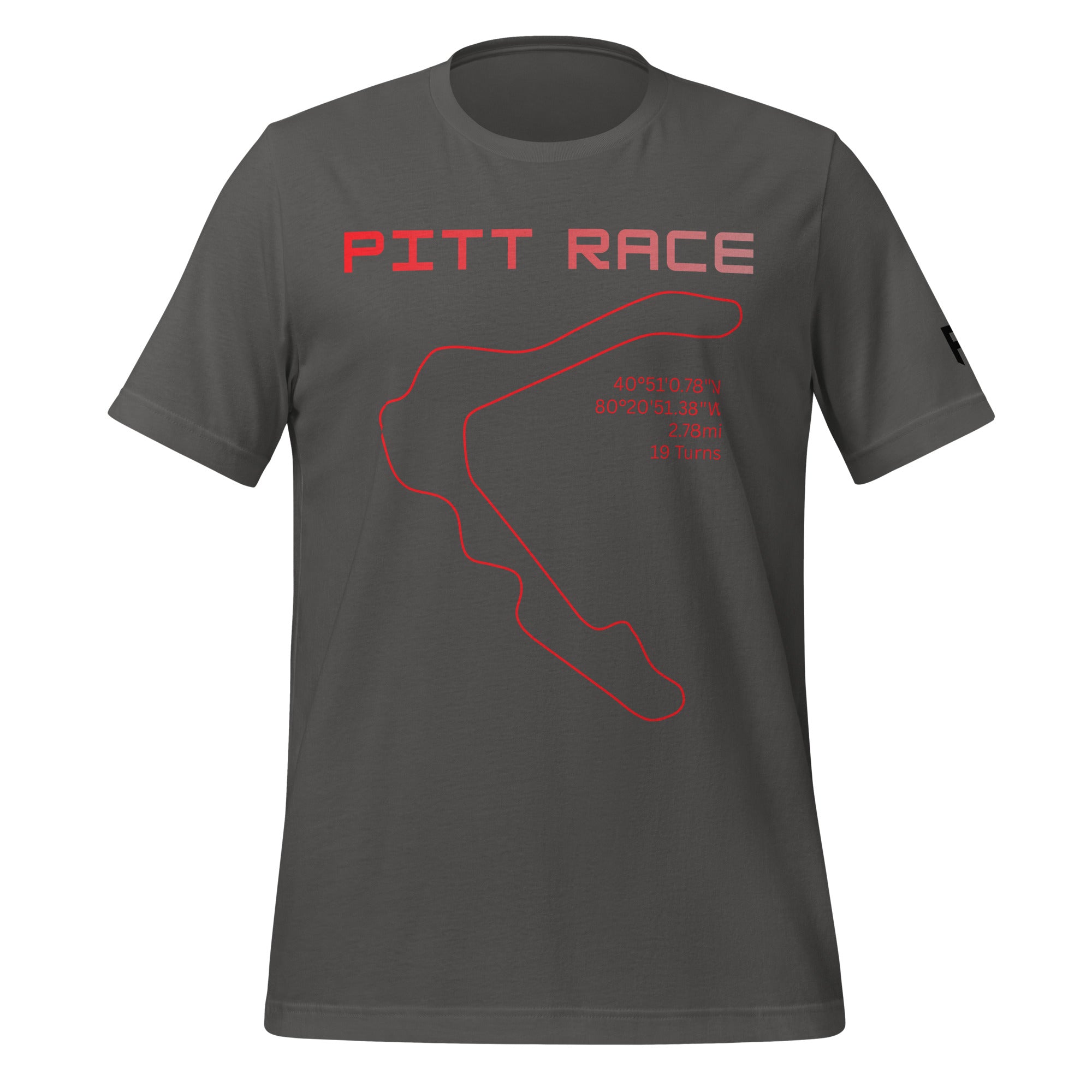 Tee shirt featuring the now closed Pittsburgh National Raceway featuring a simple one line design of the track in red with the track location, length, and number of turns with text above that says "Pitt Race"