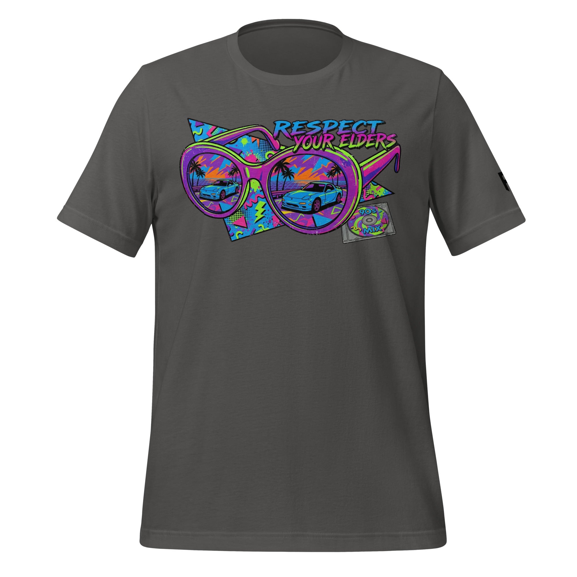 Tee shirt with sunglasses and a retro 1990s design featuring an FD sports car, and text that says "Respect your Elders"
