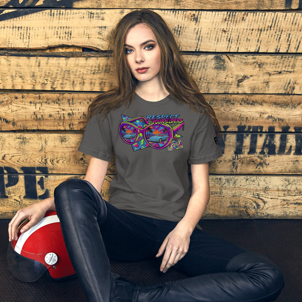 Tee shirt with sunglasses and a 1990s retro style with a C4 American sports coupe and text saying "Respect Your Elders"