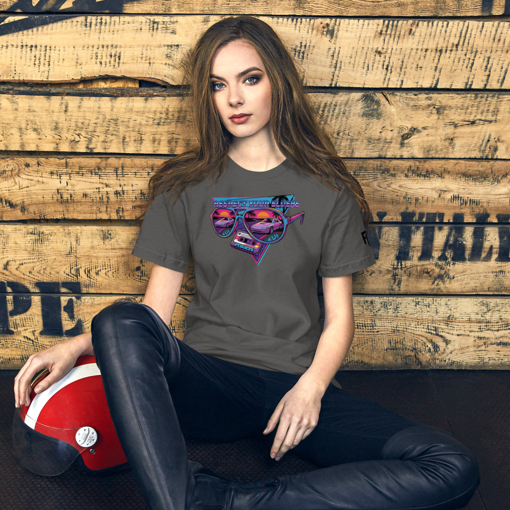 Tee shirt with sunglasses and a 1980s retro style with an FC Japanese sports coupe and text saying "Respect Your Elders"