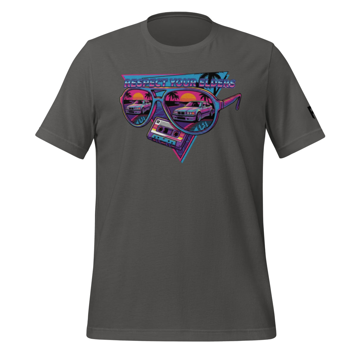 Tee shirt with sunglasses and a 1990s retro style with an E36 sports coupe and text saying "Respect Your Elders"