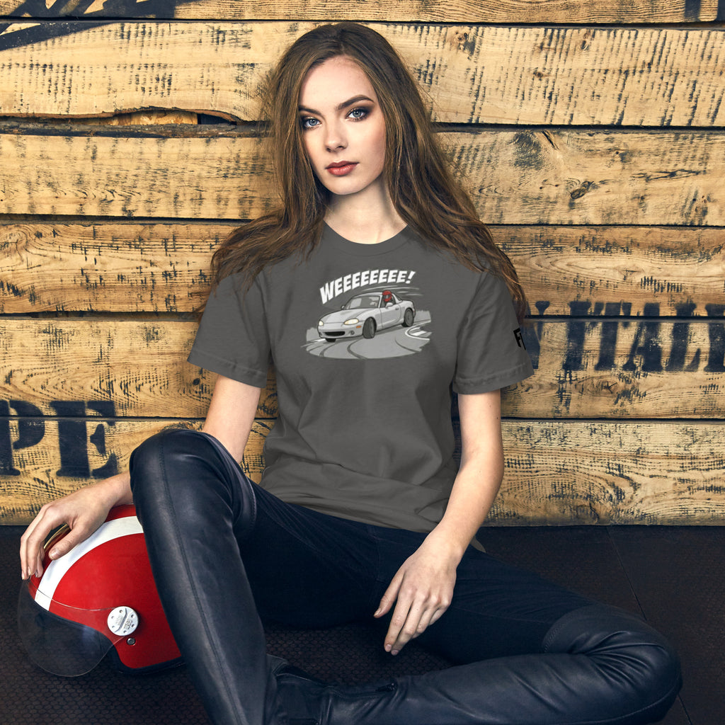 Tee shirt with an NB sports car and the text "Weee!" 
