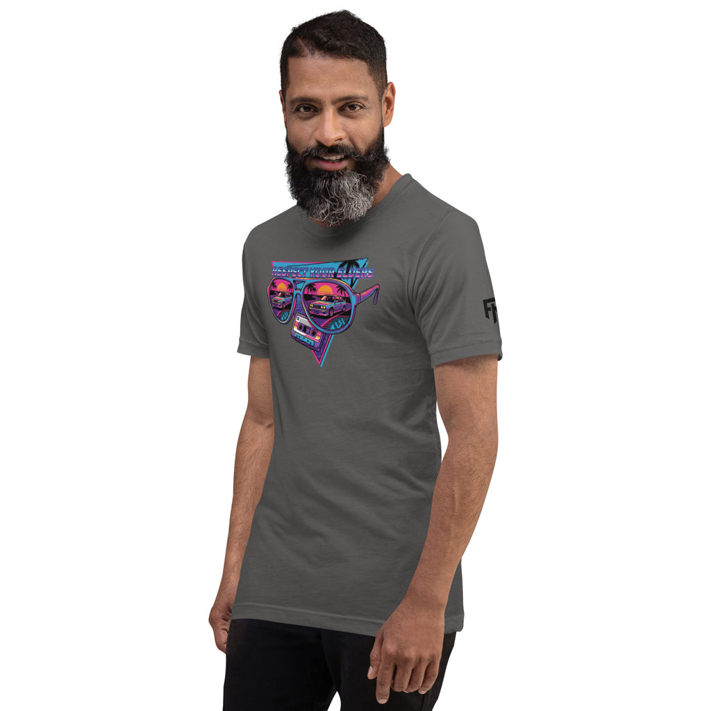 Tee shirt with sunglasses and a retro 1980s style featuring an E30 German performance car with text saying "Respect your Elders"