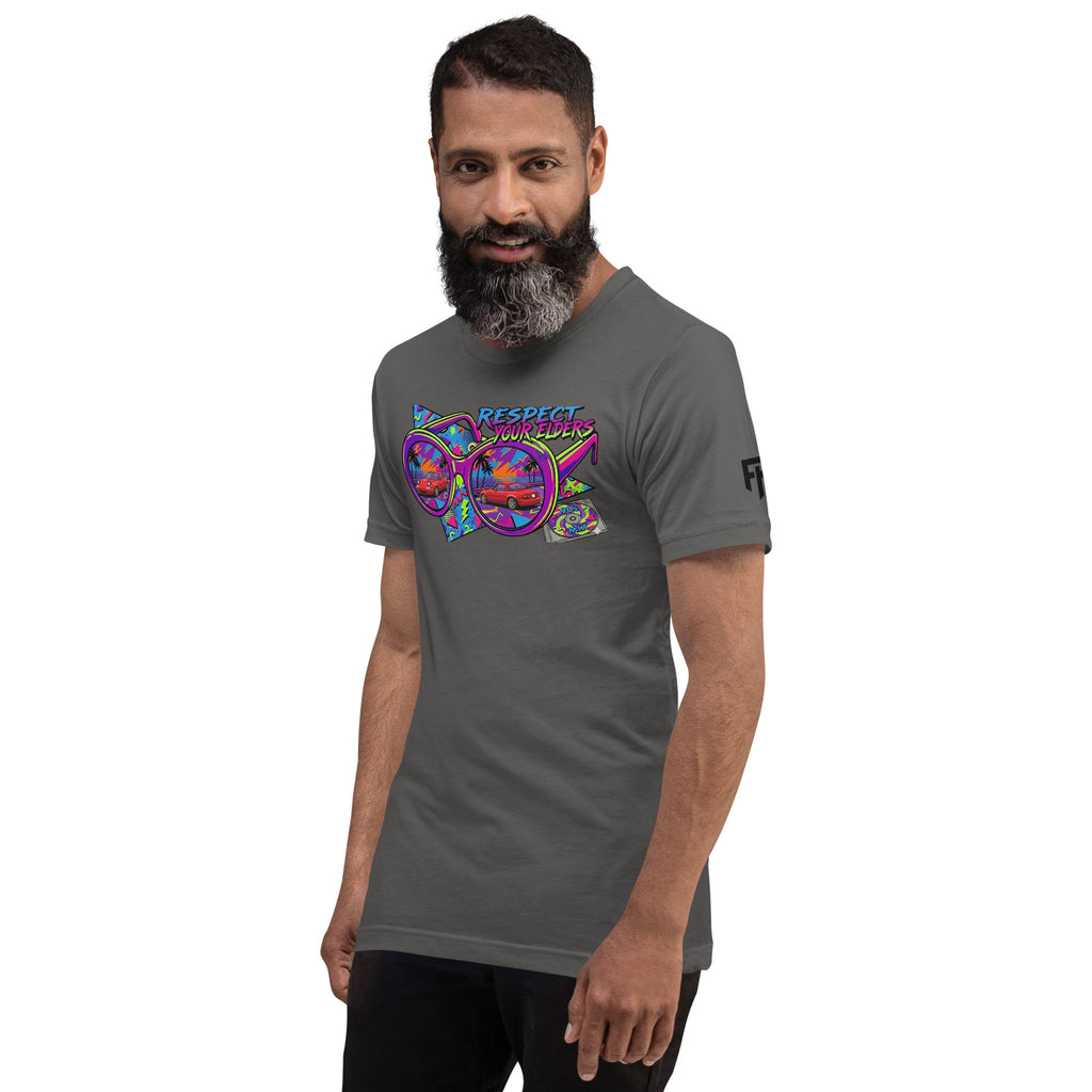 Tee shirt with a 1990s retro style featuring the NA convertible roadster with text saying "Respect your Elders"