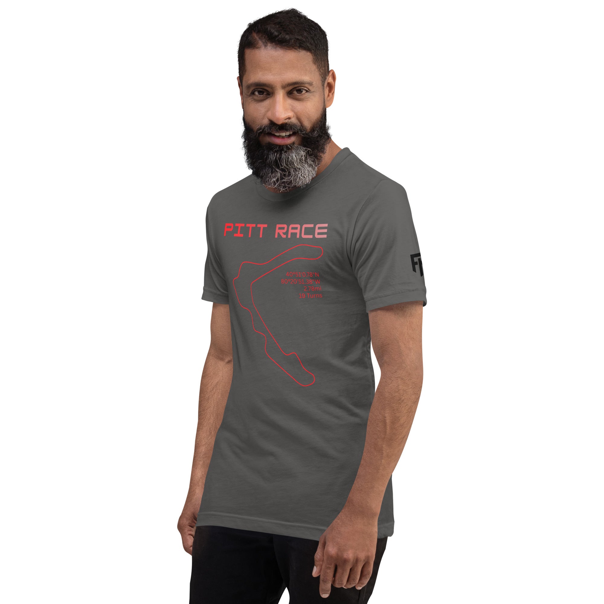 Tee shirt featuring the now closed Pittsburgh National Raceway featuring a simple one line design of the track in red with the track location, length, and number of turns with text above that says "Pitt Race"