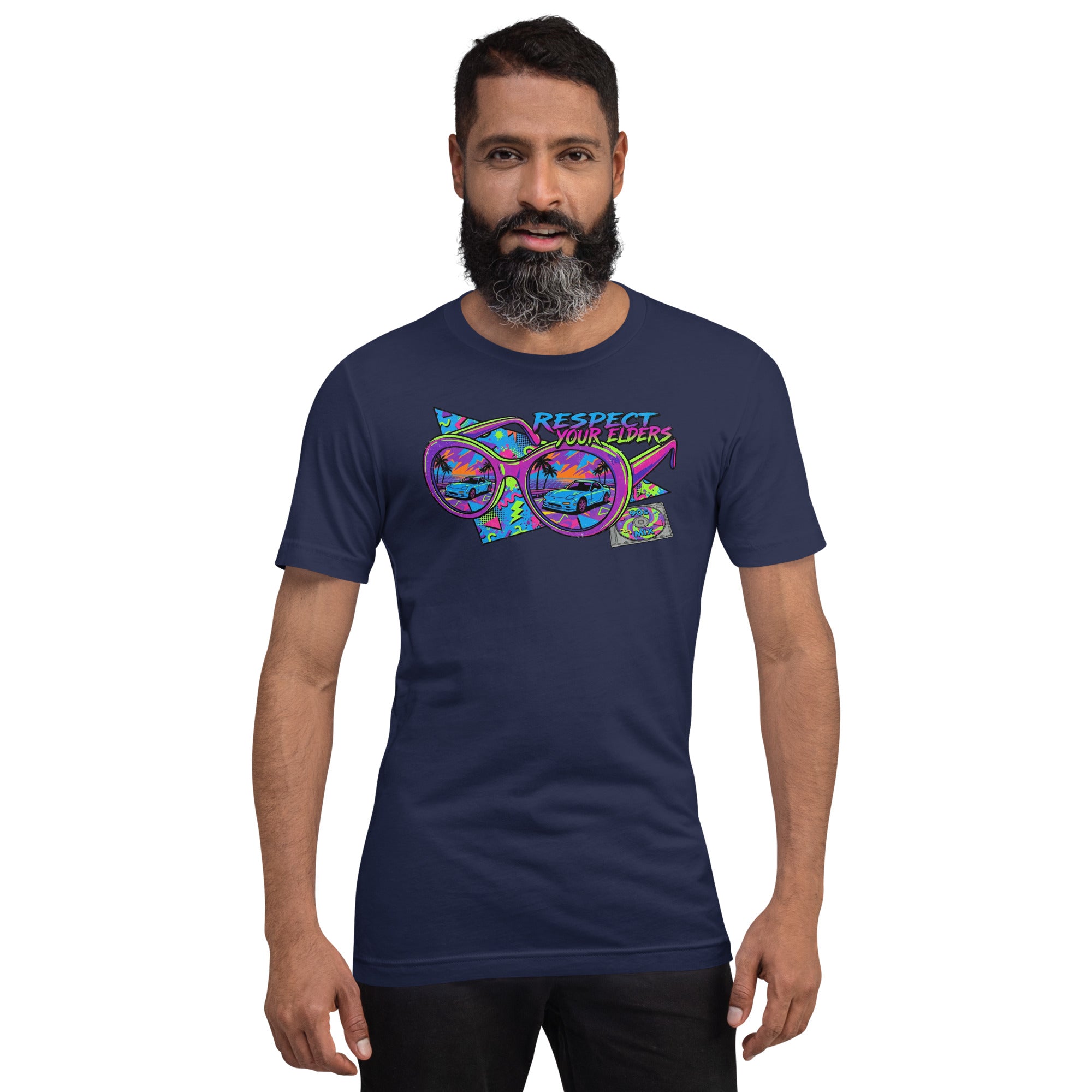 Tee shirt with sunglasses and a retro 1990s design featuring an FD sports car, and text that says "Respect your Elders"