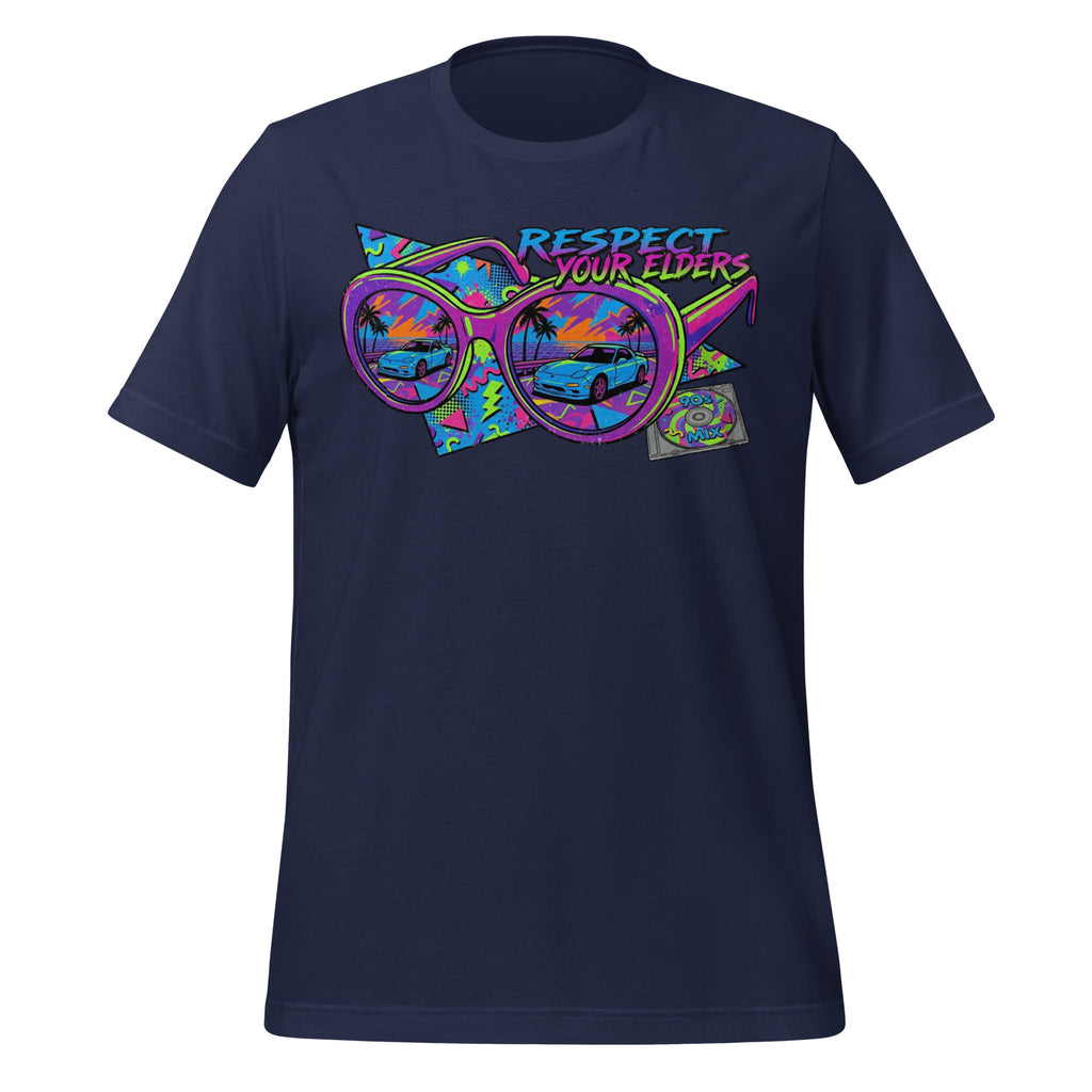 Tee shirt with sunglasses and a retro 1990s design featuring an FD sports car, and text that says "Respect your Elders"