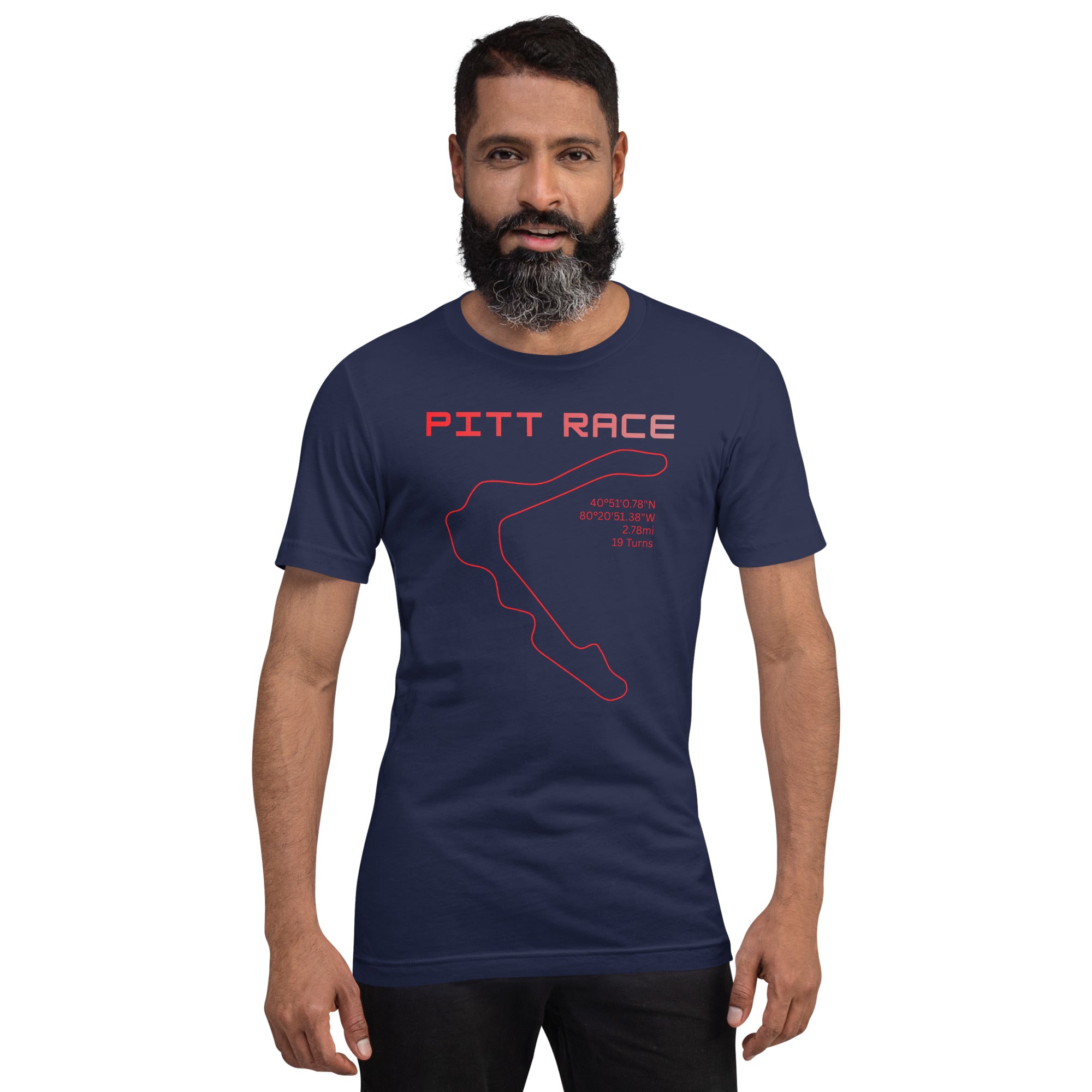 Tee shirt featuring the now closed Pittsburgh National Raceway featuring a simple one line design of the track in red with the track location, length, and number of turns with text above that says "Pitt Race"