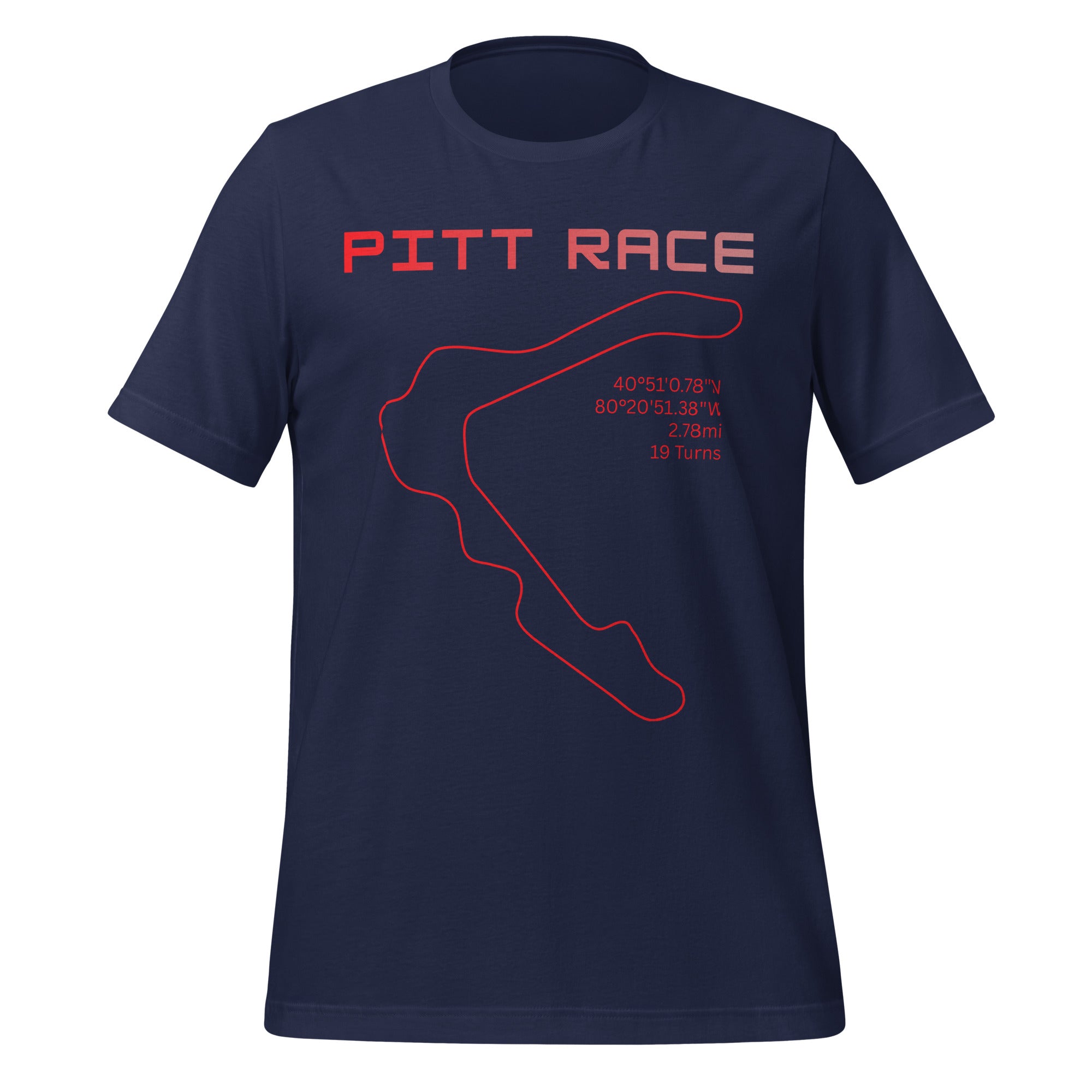 Tee shirt featuring the now closed Pittsburgh National Raceway featuring a simple one line design of the track in red with the track location, length, and number of turns with text above that says "Pitt Race"