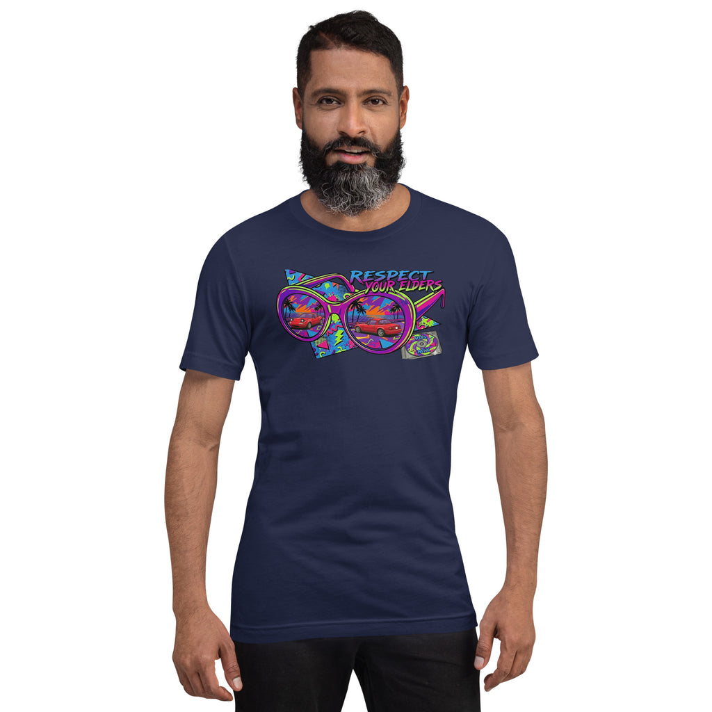 Tee shirt with a 1990s retro style featuring the NA convertible roadster with text saying "Respect your Elders"