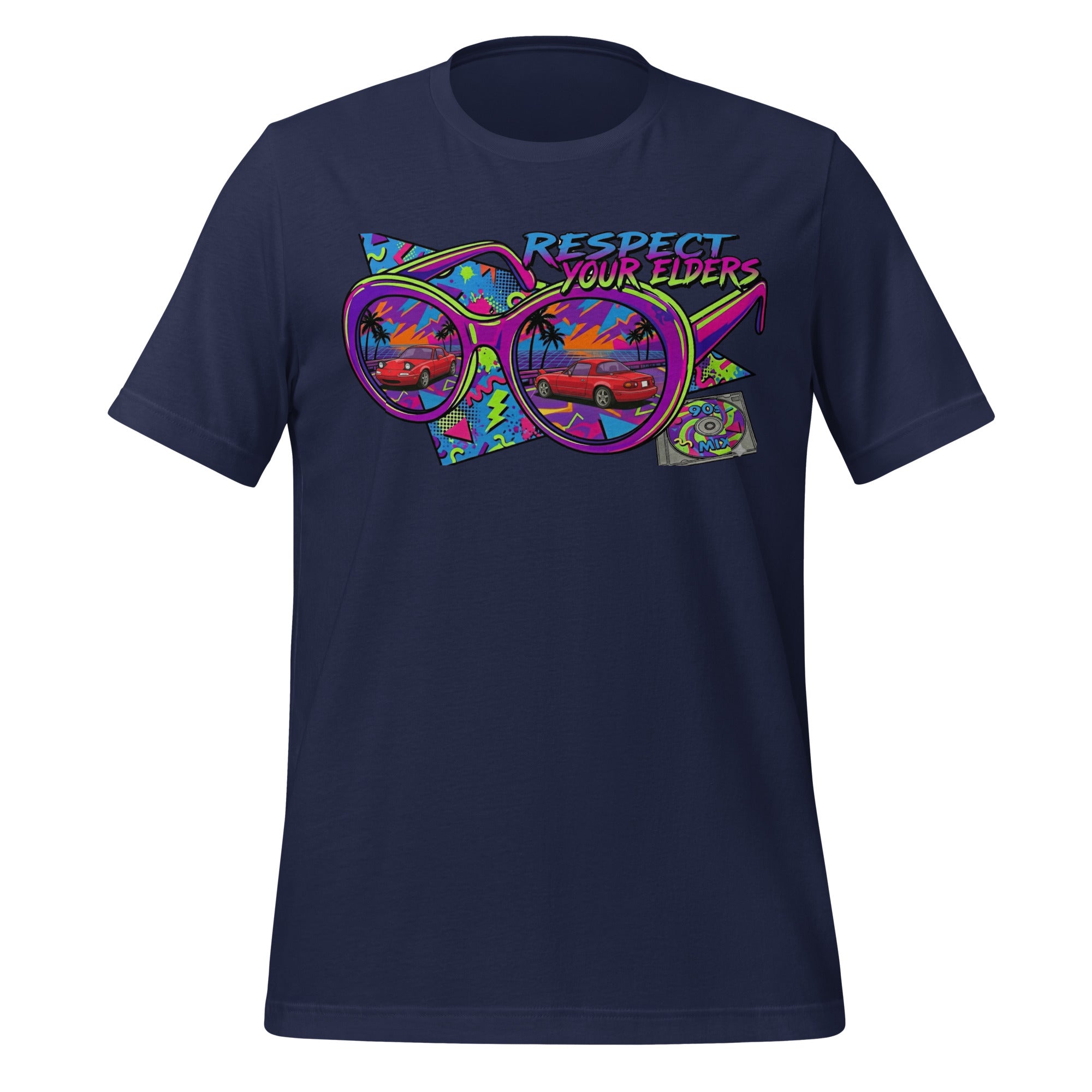 Tee shirt with a 1990s retro style featuring the NA convertible roadster with text saying "Respect your Elders"
