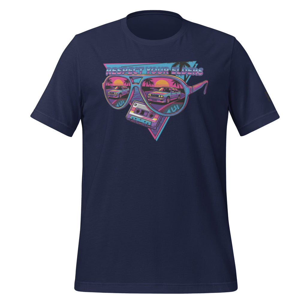 Tee shirt with sunglasses and a retro 1980s style featuring an E30 German performance car with text saying "Respect your Elders"