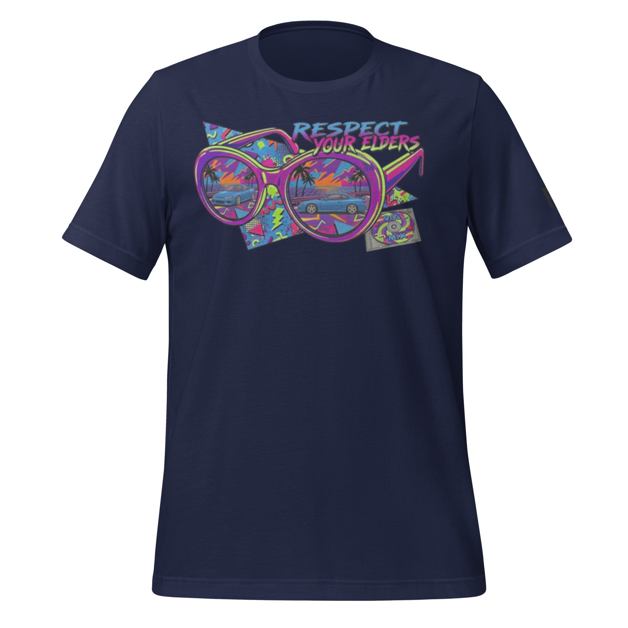 Tee shirt with sunglasses and a retro 1990s style with an S15 Japanese sports coupe and text saying "Respect Your Elders"