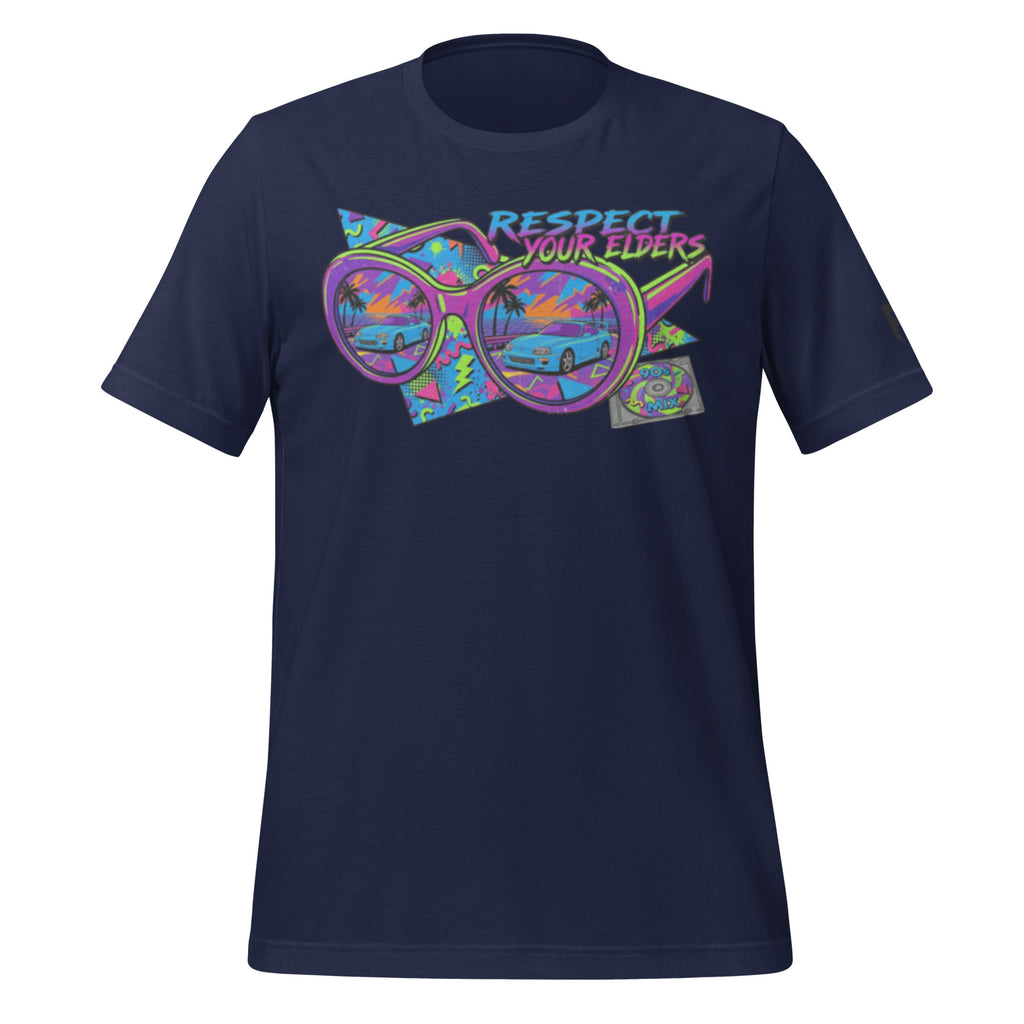 Tee shirt with sunglasses and a 1990s retro style with a MK4 Japanese sports coupe and text saying "Respect Your Elders"