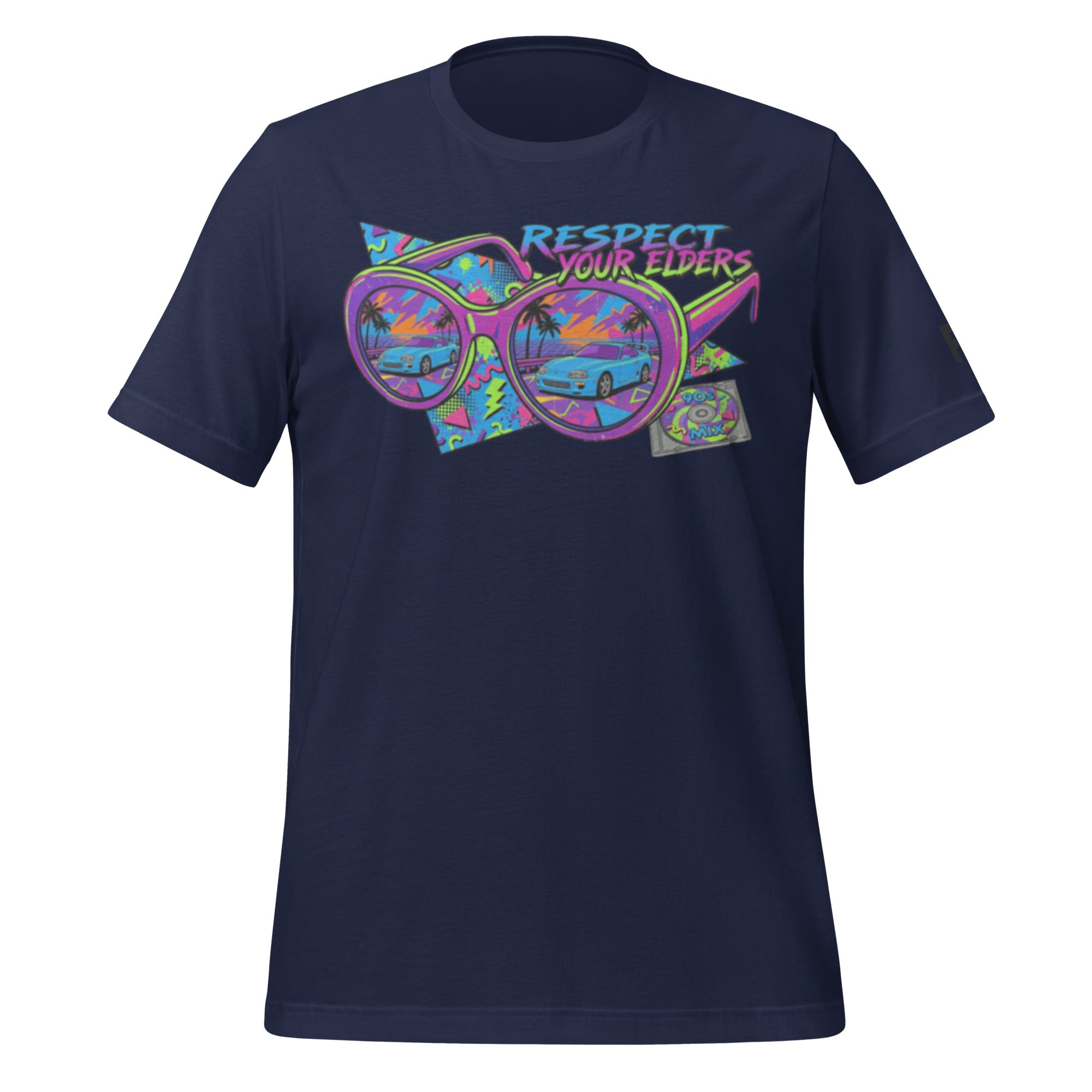Tee shirt with sunglasses and a 1990s retro style with a MK4 Japanese sports coupe and text saying "Respect Your Elders"