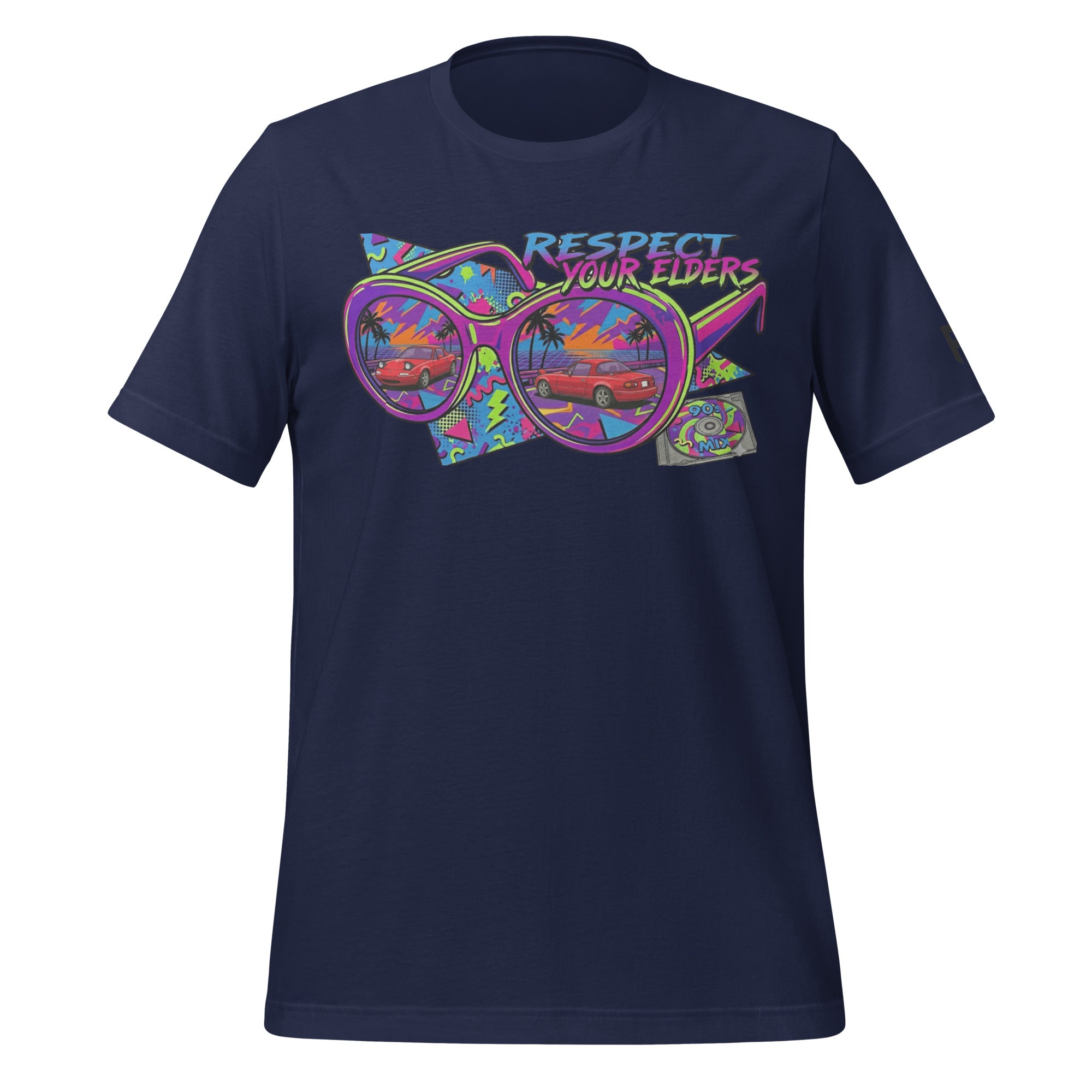 Tee shirt with a 1990s retro style featuring the NA convertible roadster with text saying "Respect your Elders"