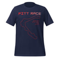 Tee shirt featuring the now closed Pittsburgh National Raceway featuring a simple one line design of the track in red with the track location, length, and number of turns with text above that says "Pitt Race"