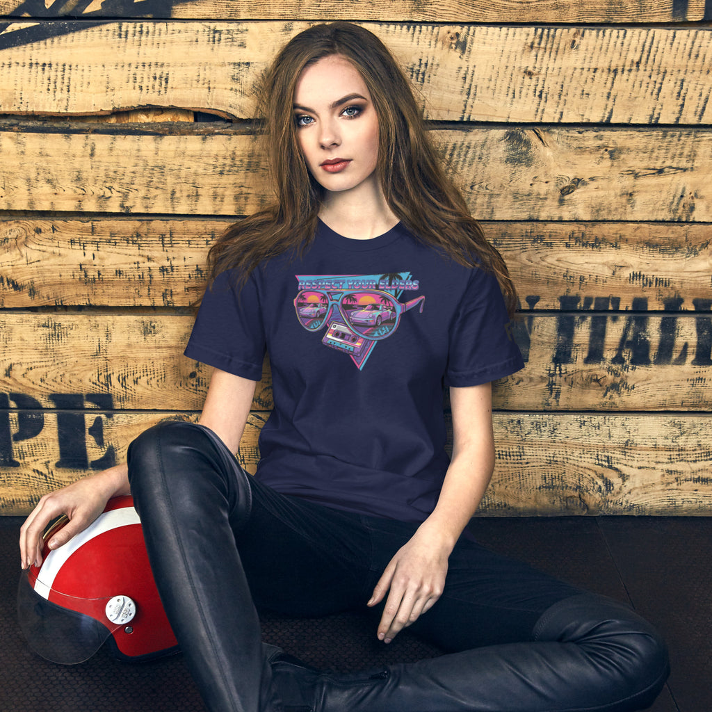 Tee shirt with sunglasses and a 1980s retro style with an air cooled sports coupe from the 80's and text saying "Respect Your Elders"