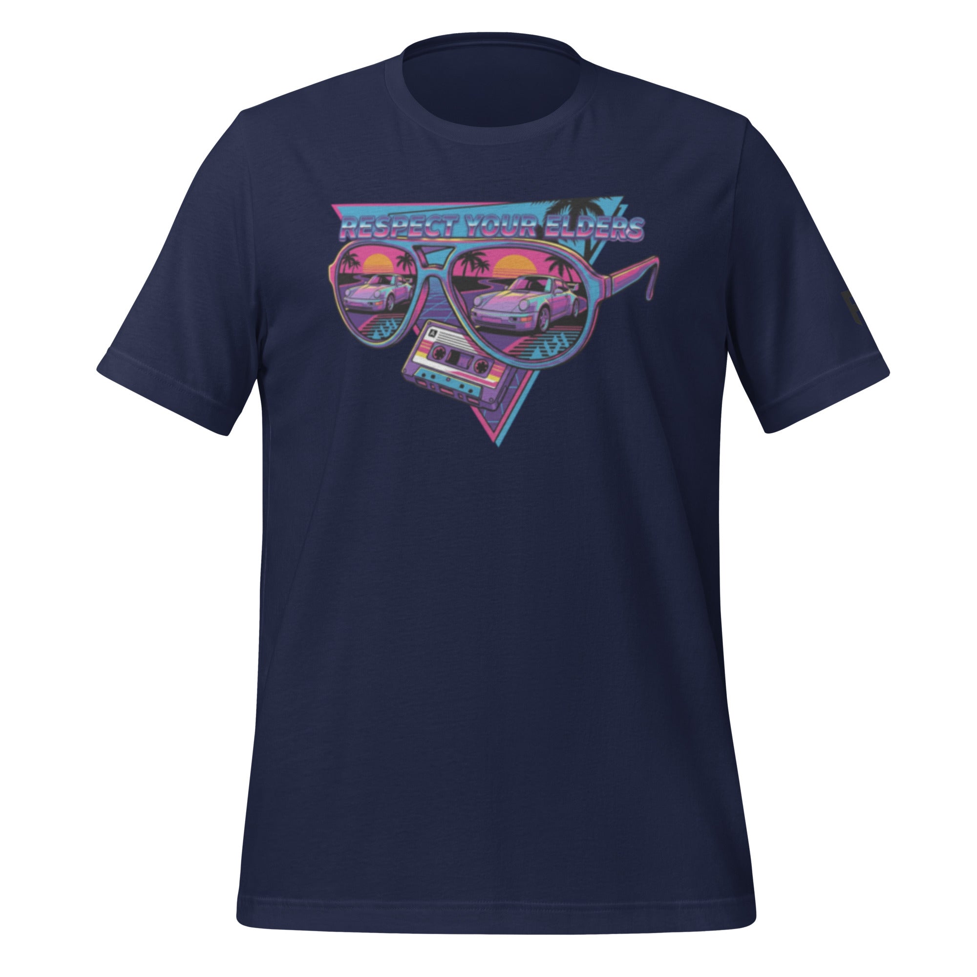 Tee shirt with sunglasses and a 1980s retro style with an air cooled sports coupe from the 80's and text saying "Respect Your Elders"