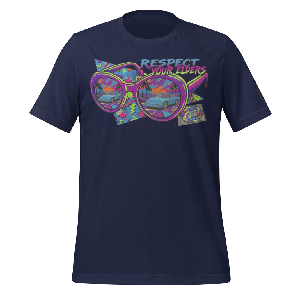 Tee shirt with sunglasses and a 1990s retro style with a C4 American sports coupe and text saying "Respect Your Elders"