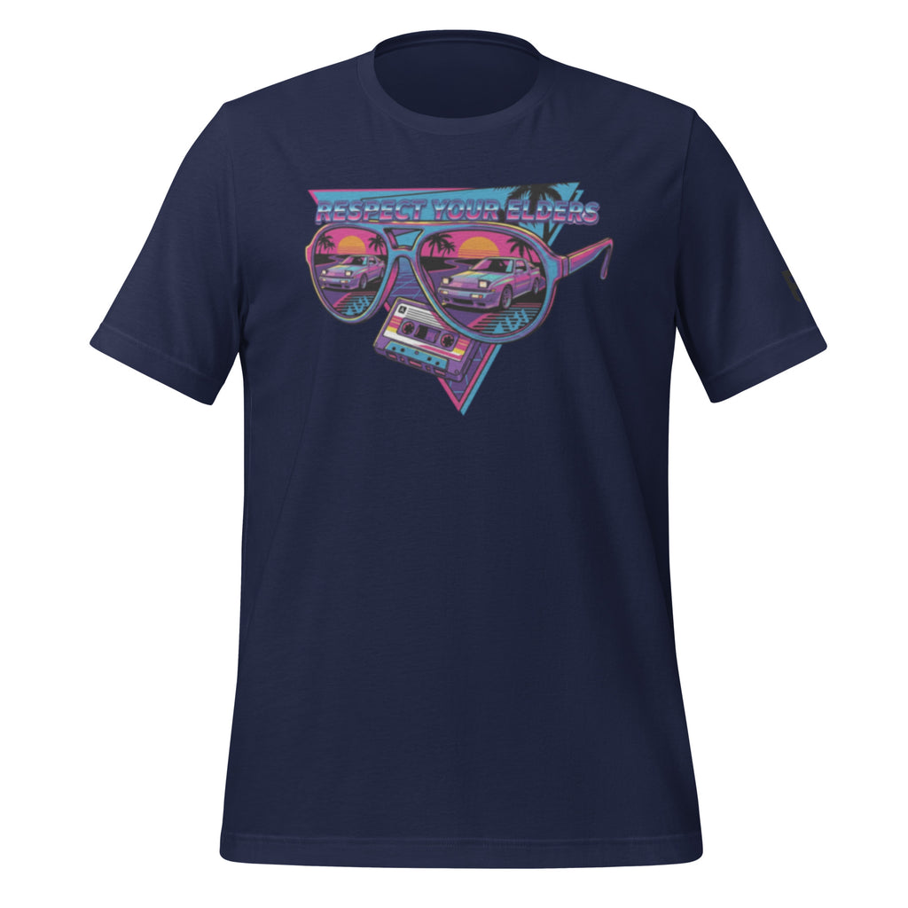 Tee shirt with sunglasses and a 1980s retro style with a starquest japanese sports coupe and text saying "Respect Your Elders"
