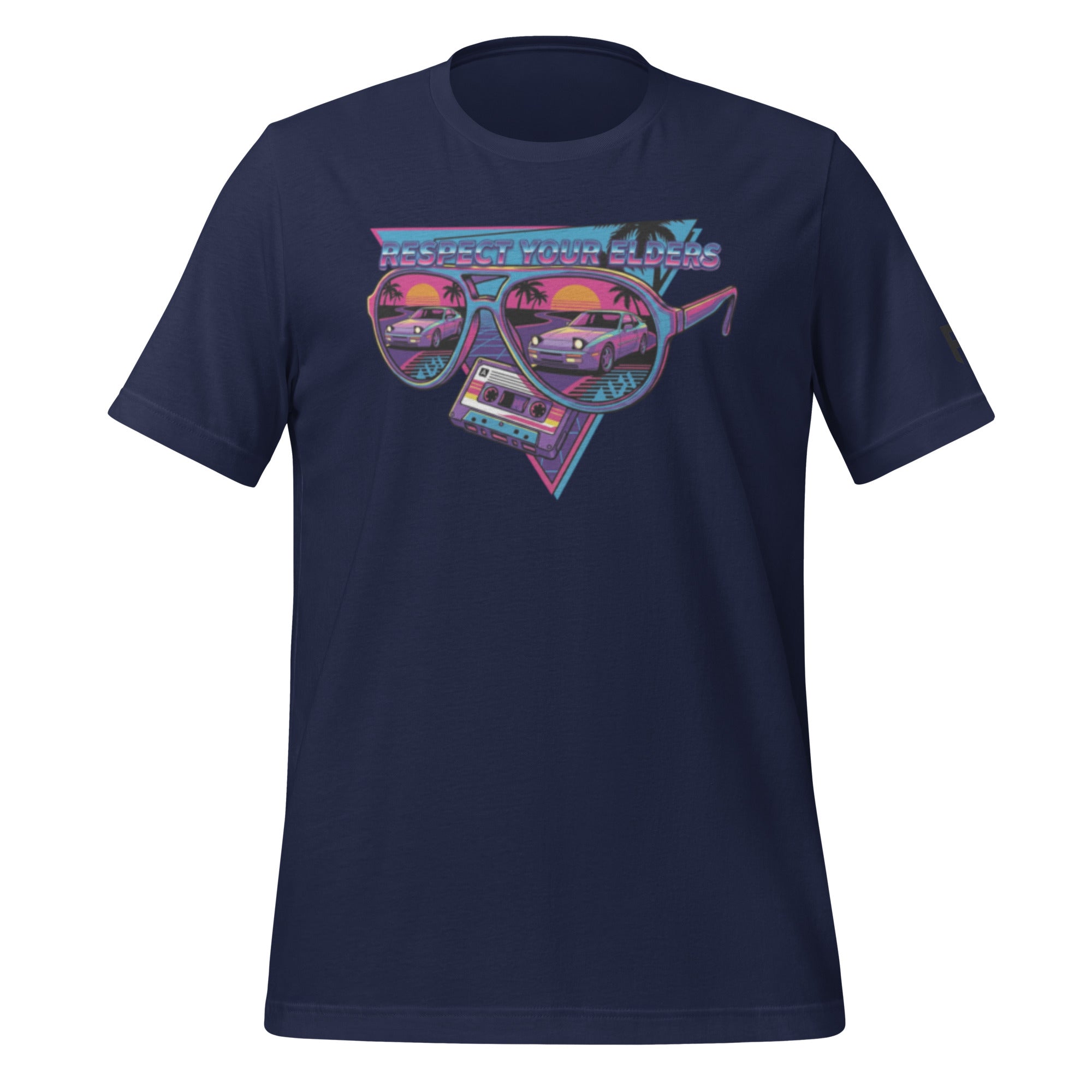 Tee shirt with sunglasses and a 1980s retro style with a German sports coupe with pop up headlights and text saying "Respect Your Elders"