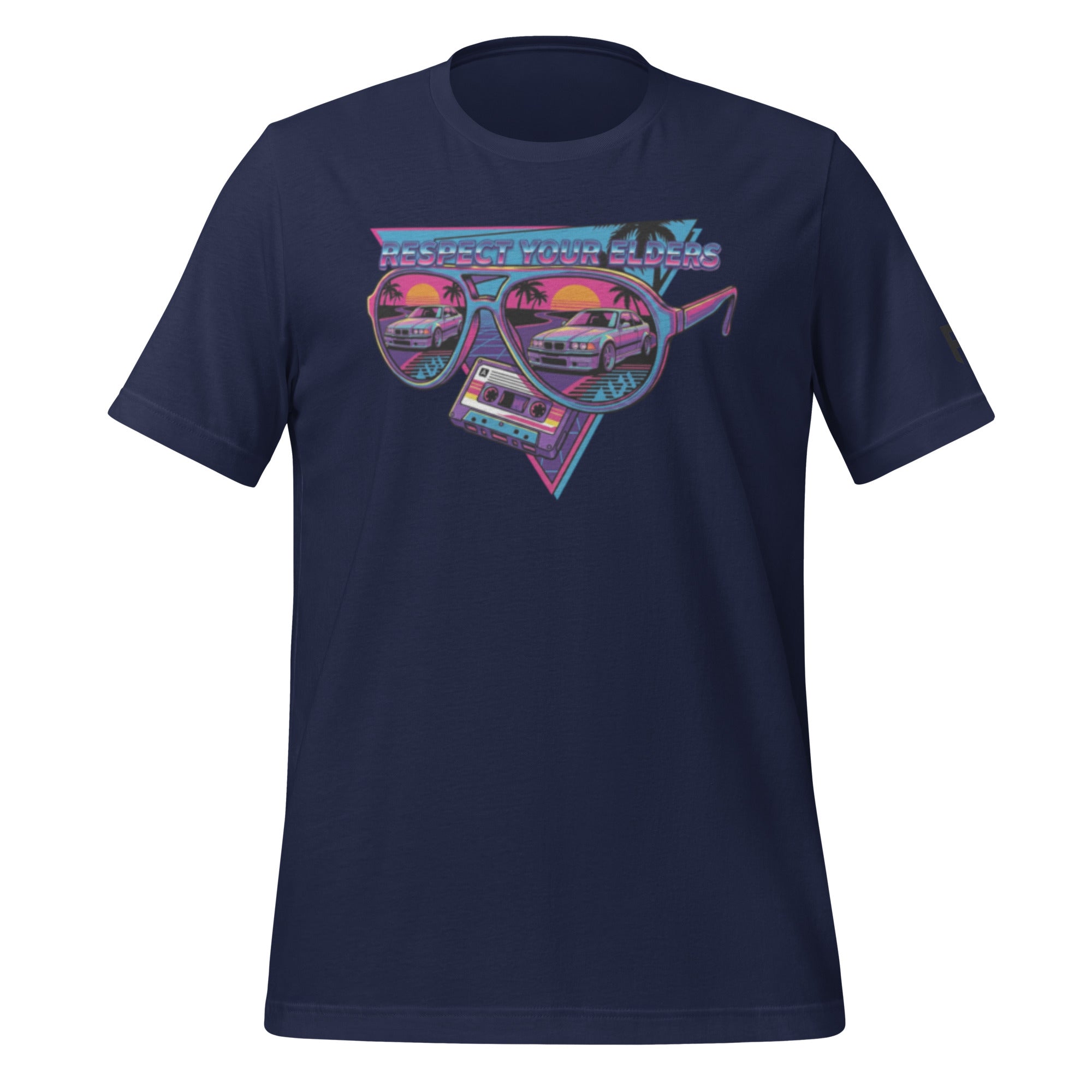 Tee shirt with sunglasses and a 1990s retro style with an E36 sports coupe and text saying "Respect Your Elders"