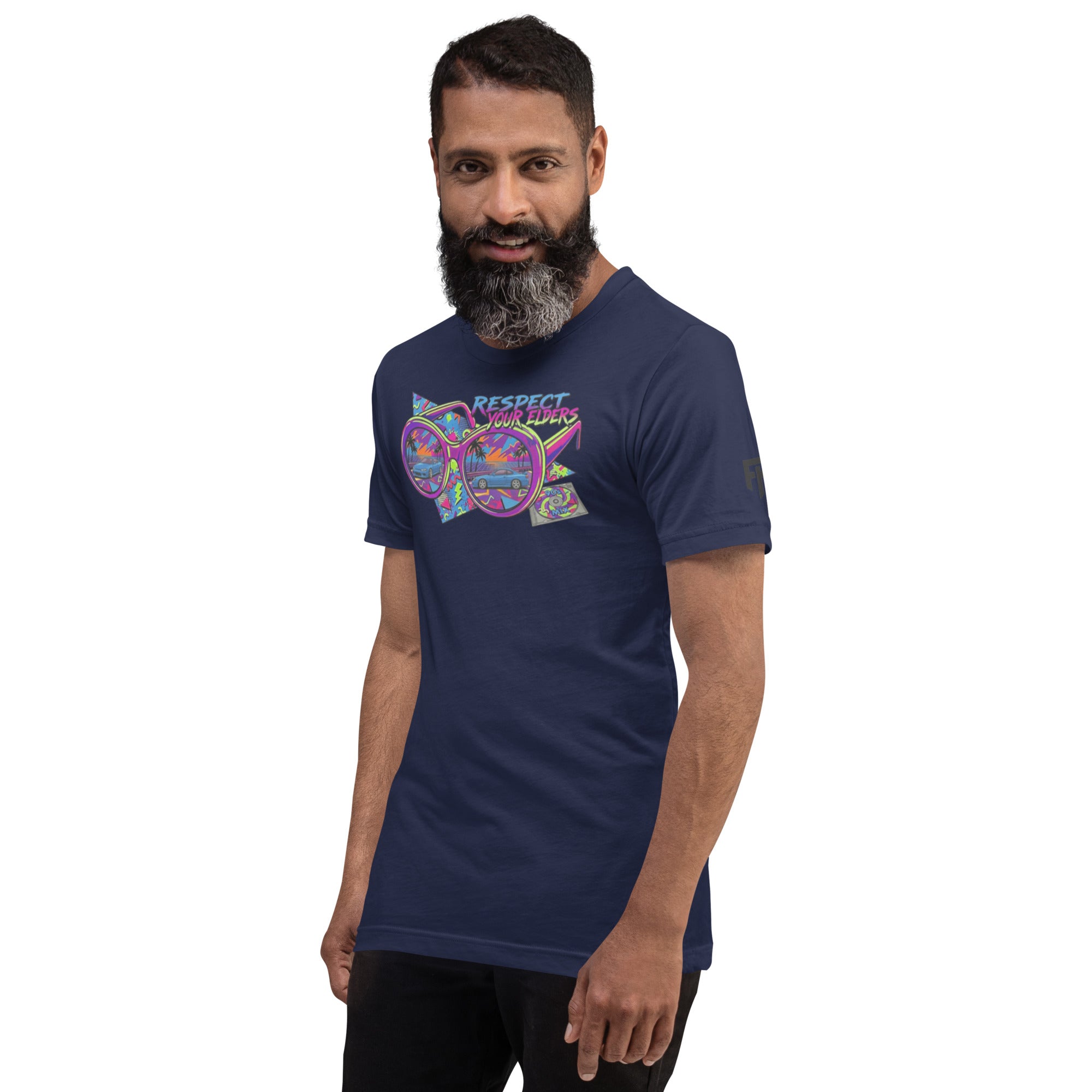 Tee shirt with sunglasses and a retro 1990s style with an S15 Japanese sports coupe and text saying "Respect Your Elders"
