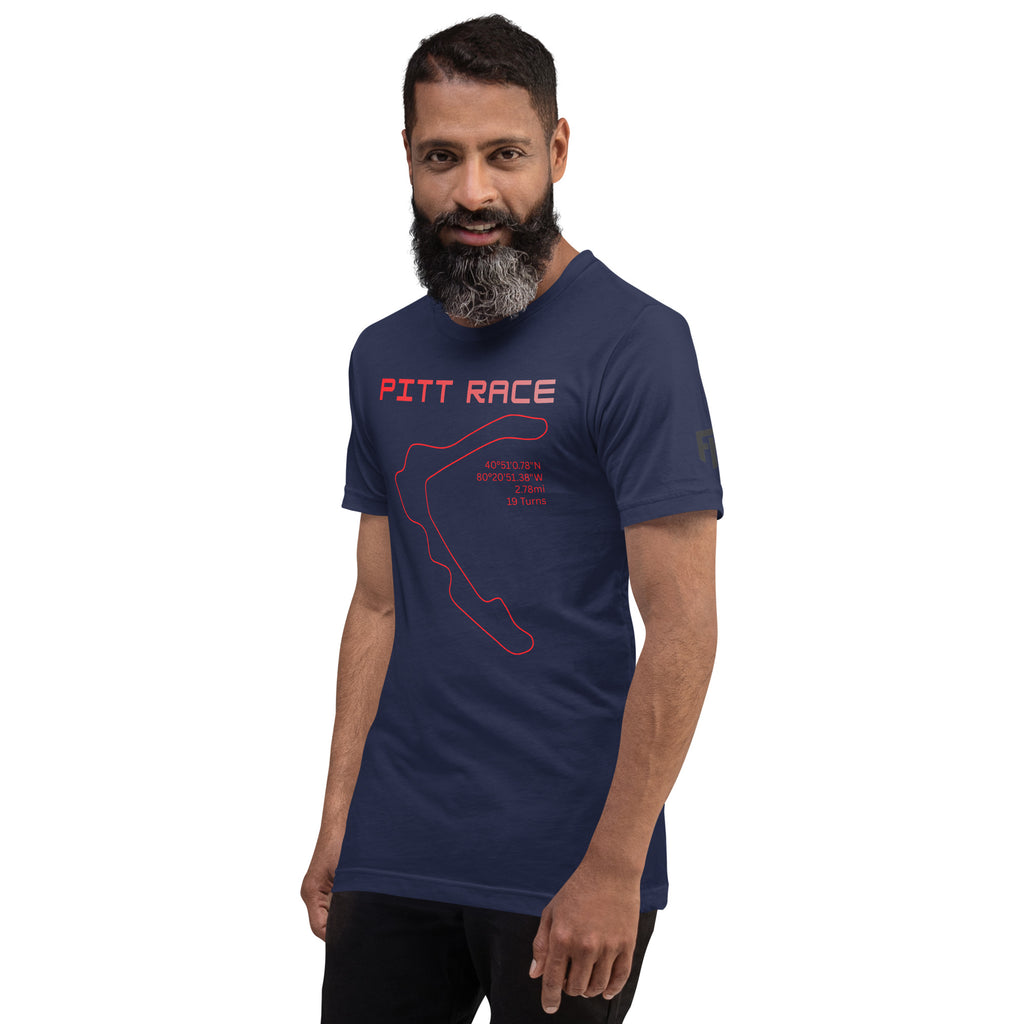 Tee shirt featuring the now closed Pittsburgh National Raceway featuring a simple one line design of the track in red with the track location, length, and number of turns with text above that says "Pitt Race"