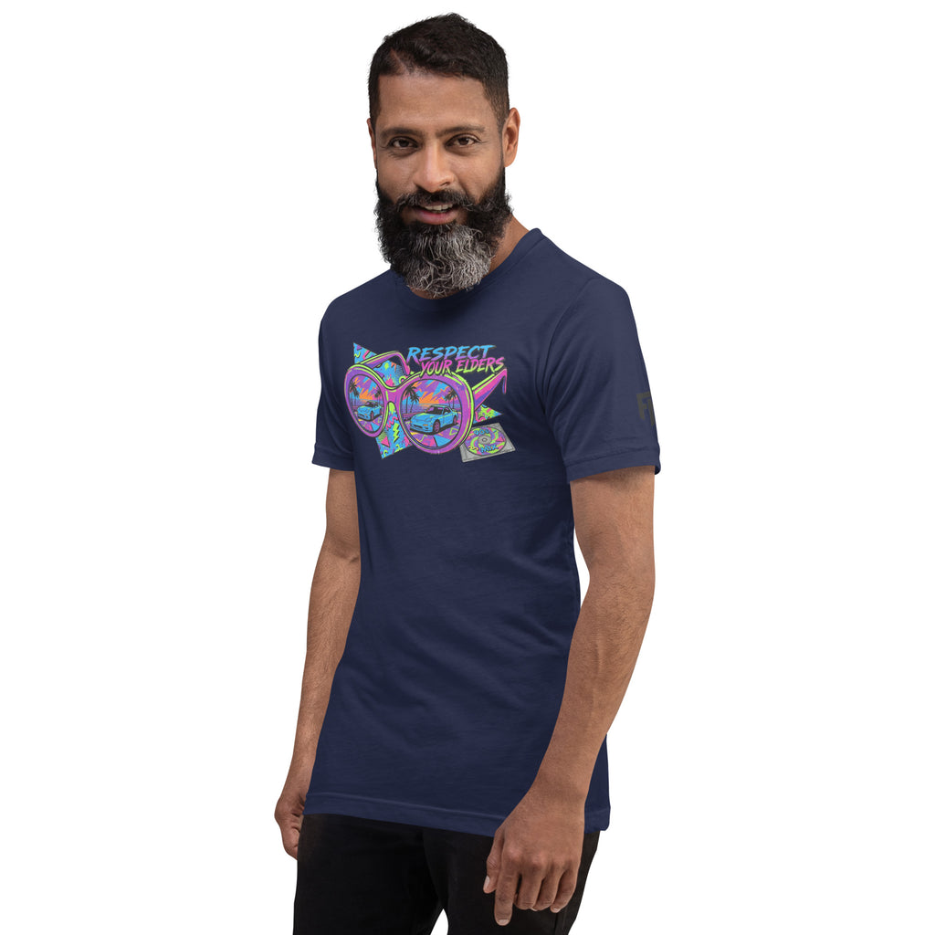 Tee shirt with sunglasses and a retro 1990s design featuring an FD sports car, and text that says "Respect your Elders"