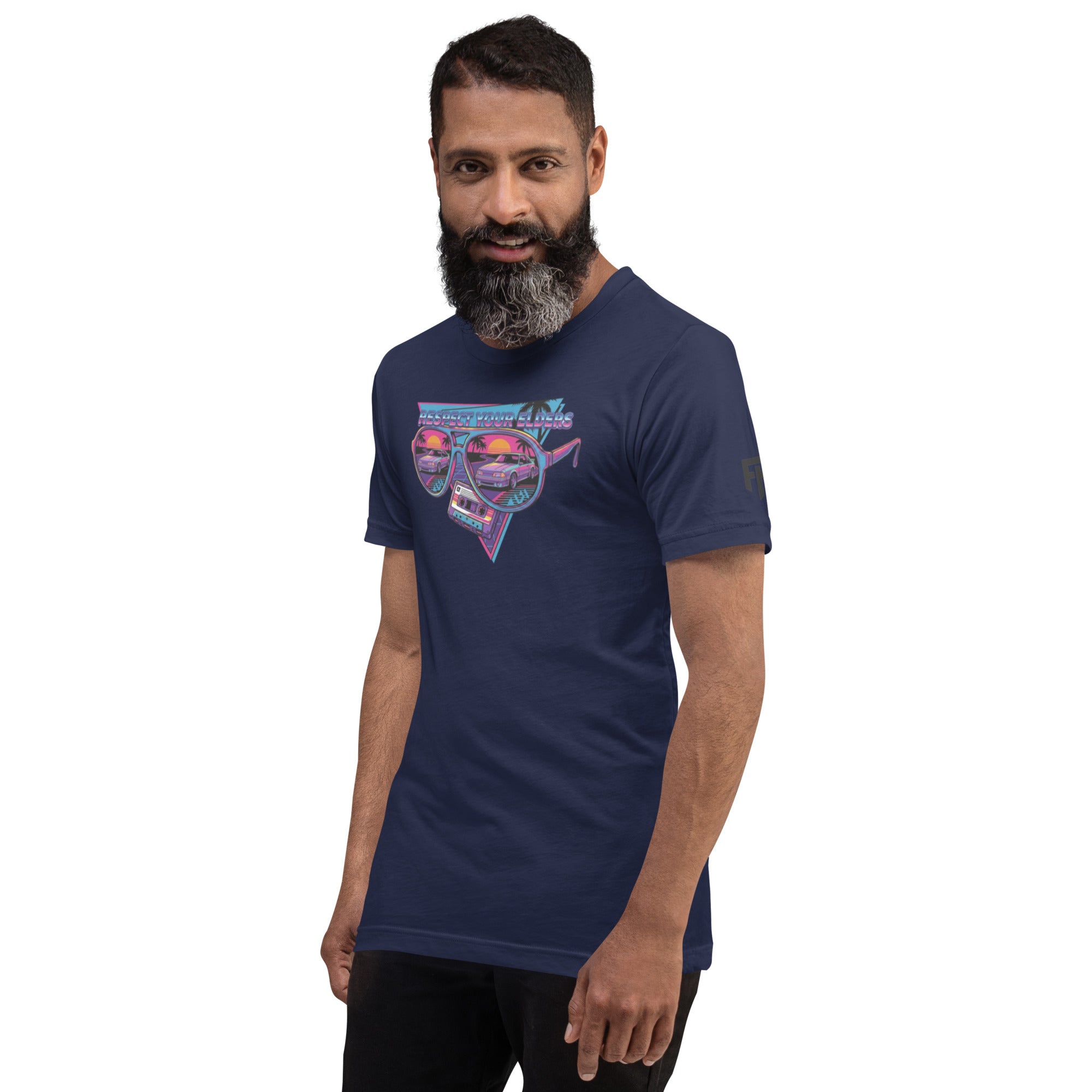 Tee shirt with sunglasses and a 1980s retro style with a Fox body American sports coupe and text saying "Respect Your Elders"