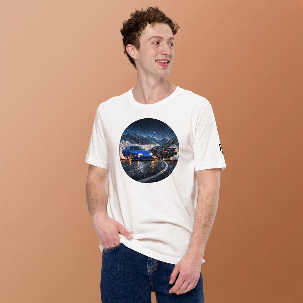 T-shirt with two Japanese sports cars drifting on a mounting road, the cars are facing different directions.
