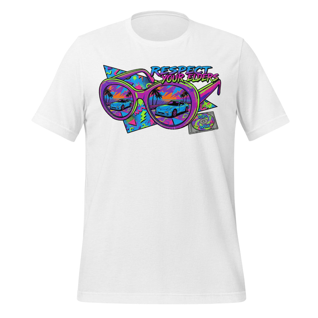 Tee shirt with sunglasses and a retro 1990s design featuring an FD sports car, and text that says "Respect your Elders"