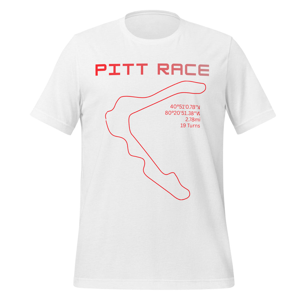 Tee shirt featuring the now closed Pittsburgh National Raceway featuring a simple one line design of the track in red with the track location, length, and number of turns with text above that says "Pitt Race"
