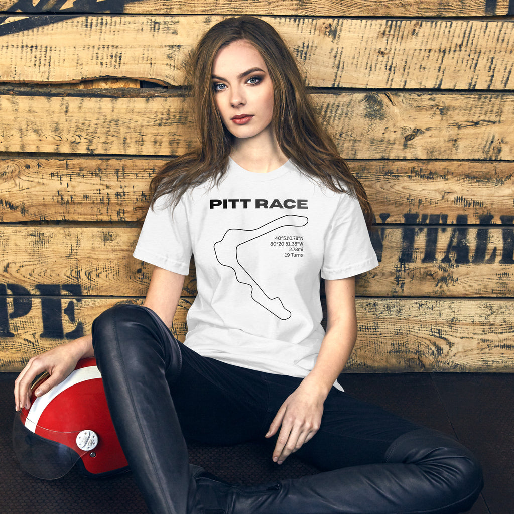 Tee shirt featuring the now closed Pittsburgh National Raceway in a simple one line black design on a white shirt, with the track location, length, and number of turns, with text above that says "Pitt Race"