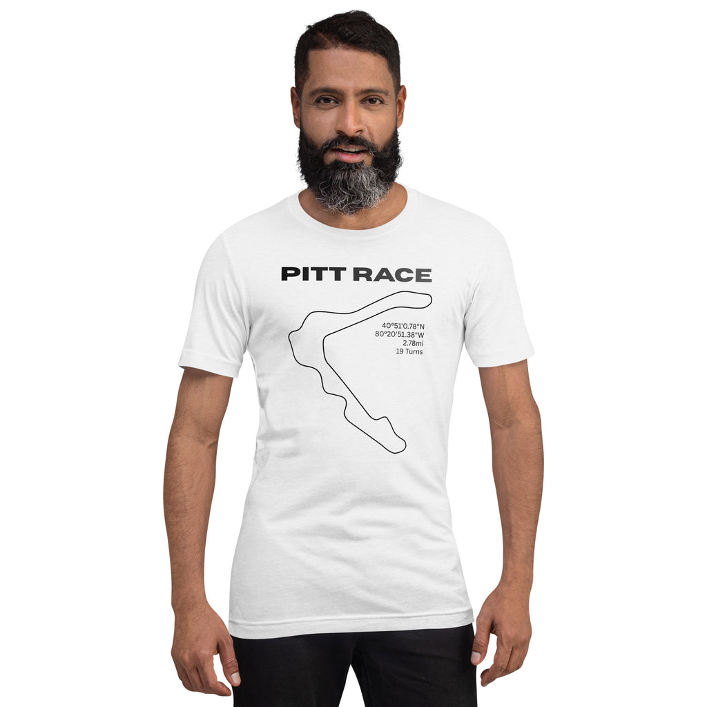 Tee shirt featuring the now closed Pittsburgh National Raceway in a simple one line black design on a white shirt, with the track location, length, and number of turns, with text above that says "Pitt Race"