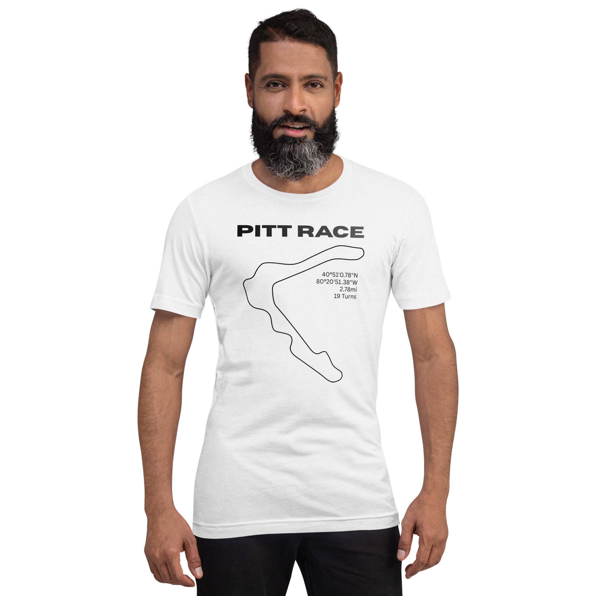 Tee shirt featuring the now closed Pittsburgh National Raceway in a simple one line black design on a white shirt, with the track location, length, and number of turns, with text above that says "Pitt Race"