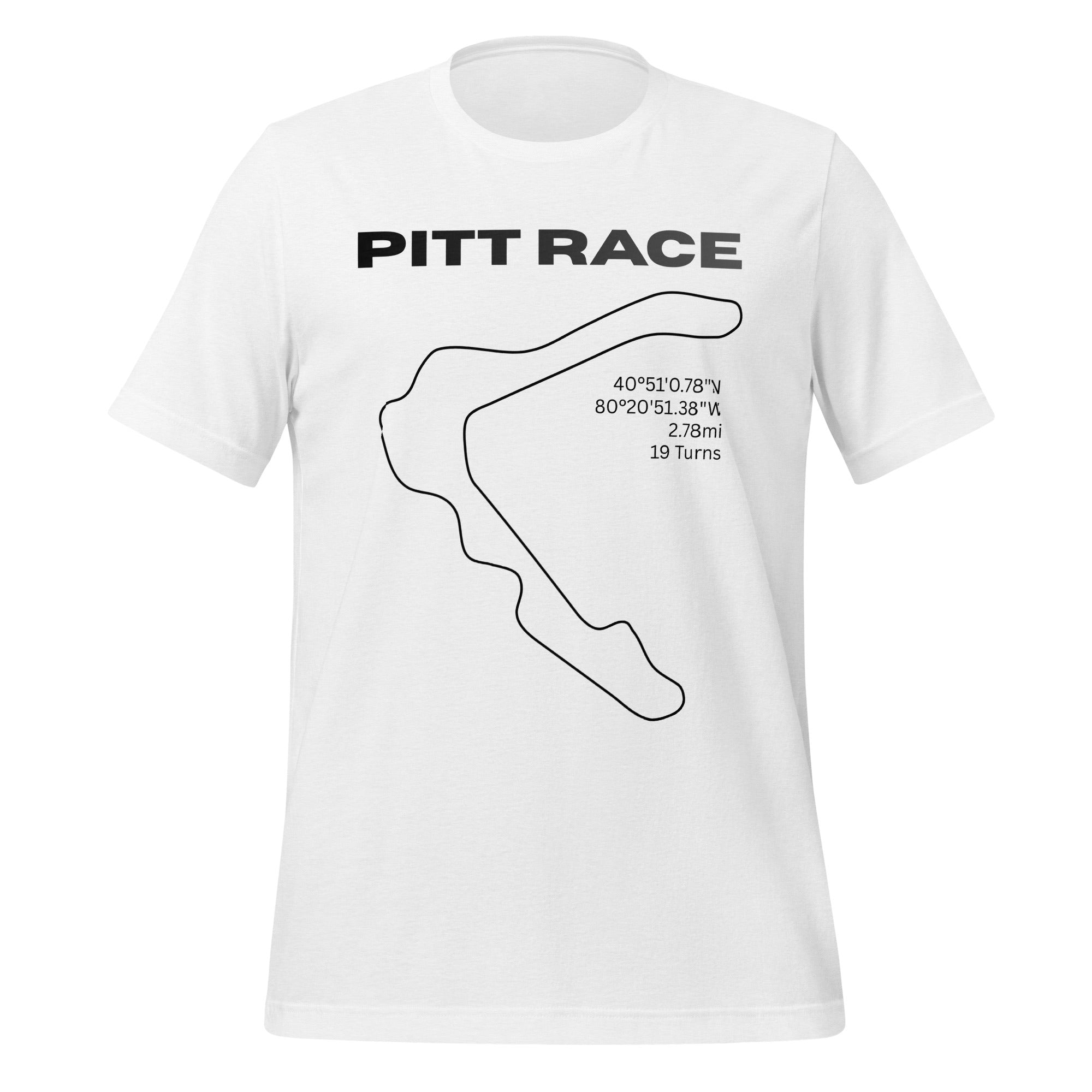 Tee shirt featuring the now closed Pittsburgh National Raceway in a simple one line black design on a white shirt, with the track location, length, and number of turns, with text above that says "Pitt Race"