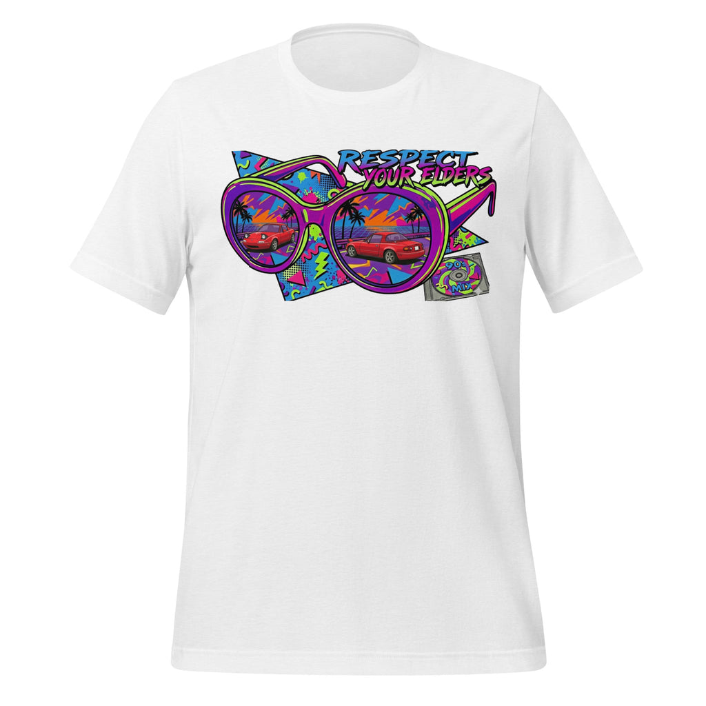 Tee shirt with a 1990s retro style featuring the NA convertible roadster with text saying "Respect your Elders"
