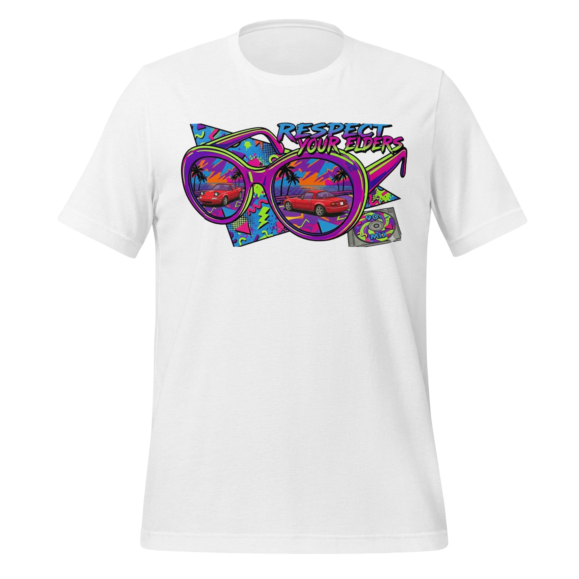 Tee shirt with a 1990s retro style featuring the NA convertible roadster with text saying "Respect your Elders"
