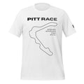 Tee shirt featuring the now closed Pittsburgh National Raceway in a simple one line black design on a white shirt, with the track location, length, and number of turns, with text above that says "Pitt Race"