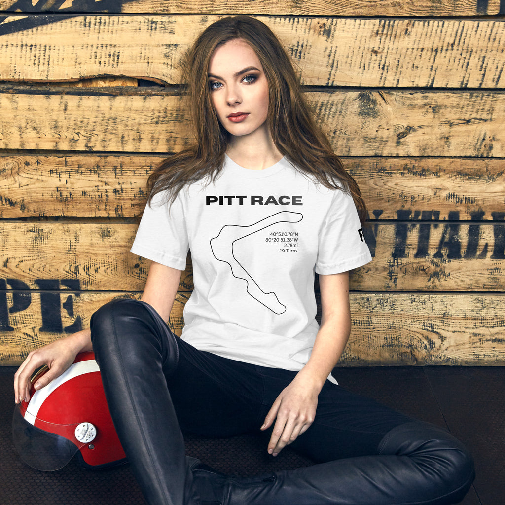 Tee shirt featuring the now closed Pittsburgh National Raceway in a simple one line black design on a white shirt, with the track location, length, and number of turns, with text above that says "Pitt Race"